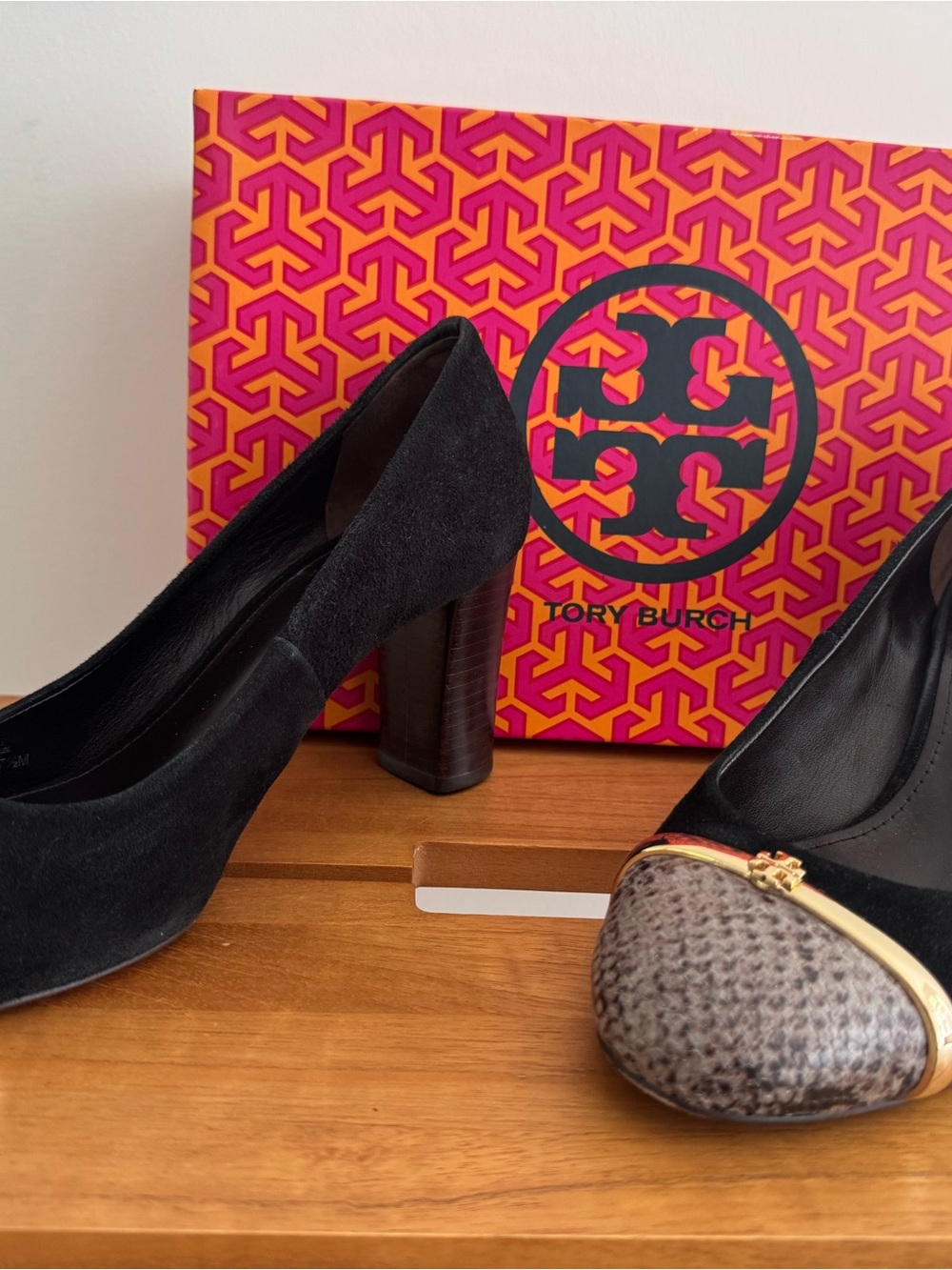 Tory Burch Black Suede Block Heel Pumps with Textured Toe Cap